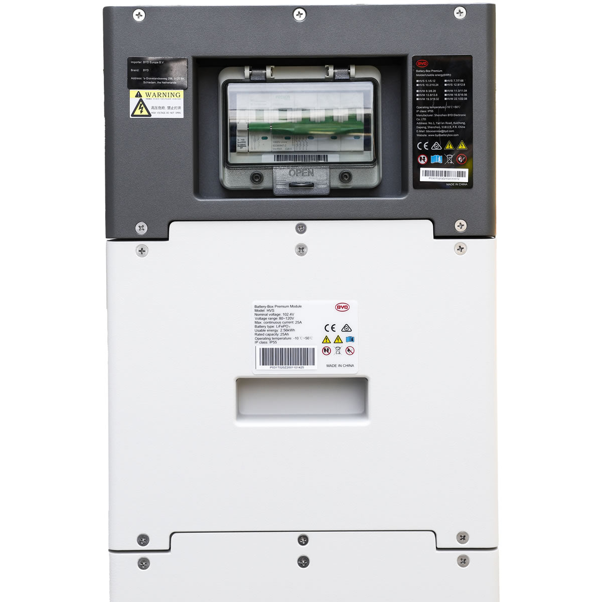BYD Batteriekopf – Steuerungseinheit B-Box Premium HV, Frontansicht mit Erweiterung, für HVM- und HVS-Batteriespeichersysteme, intelligente Leistungssteuerung für Photovoltaikanlagen.