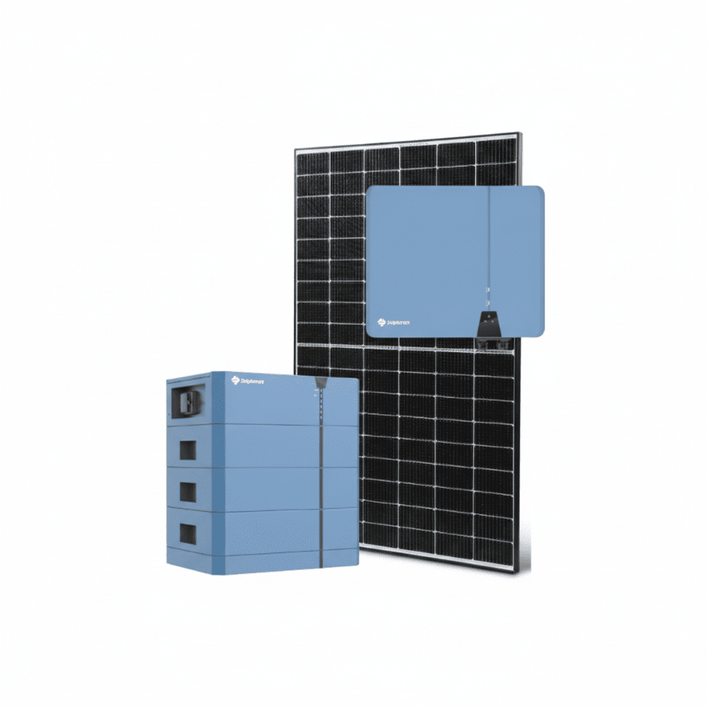 Solarpaket-Komplettset mit Solarmodul, Wechselrichter und Batteriespeicher in moderner Ausführung vor hellem Hintergrund